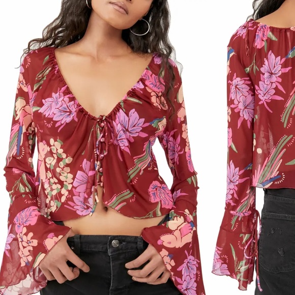 FREE PEOPLE OF PARADISE FLORAL RED PINK CROP TOP SMALL - Picture 1 of 12